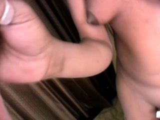 Naughty ebony shemale is stroking thick white dick in POV