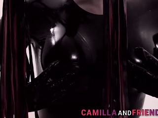 Fetish shemale in latex suit and mask fucks