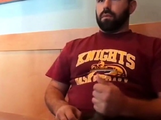 Bearded bro public jerk off in a coffee shop