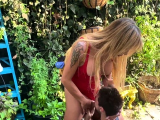 Blond shemale fucks guy anal outdoors