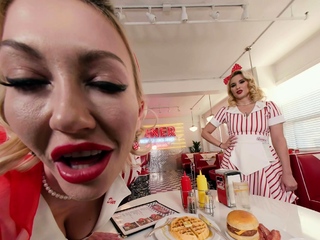 VR Bangers Threesome anal fucking with sizzling MILF waitresses
