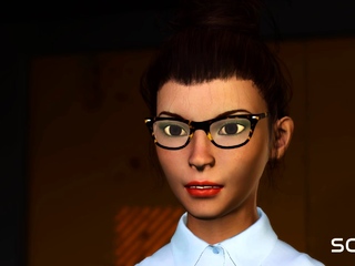 Robot shemale fucks sexy cuffed busty brunette in sci-fi lab