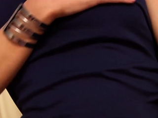 Redhead ladyboy Pinky strips black dress and strokes her