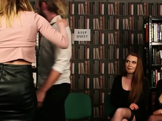 CFNM babes give public voyeur 3some BJ