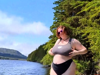 Busty curly brunette with big boobs fucks on couch