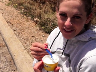 Outdoor blowjob from brunette amateur slut