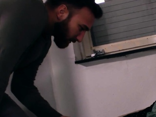 Slim cleaning lady pushes a cone into herself