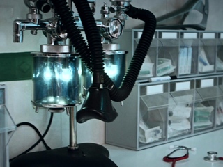 Busty amateur milf wears latex uniform and high heels