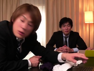 Horny Anju Akane unclothes nude, gets gang poked by 2 boys
