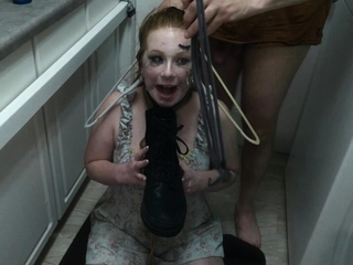 Degraded slut licks cum from boot