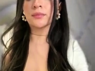 Busty curly brunette with big boobs fucks on couch