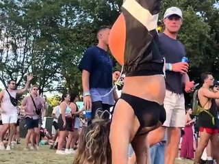 Bottomless pants raver bending and squating