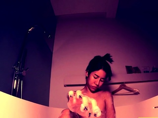 Skinny Thai femboy gives a POV blowjob in a bath tub at home