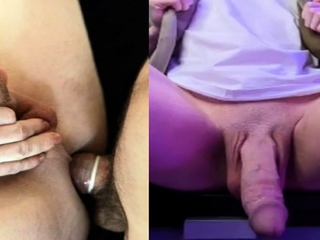 Chubby big tits shemale jerking her big cock