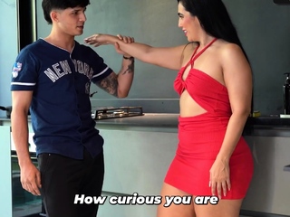 Mom leaves me with housekeeper, super-hot MILF with hefty