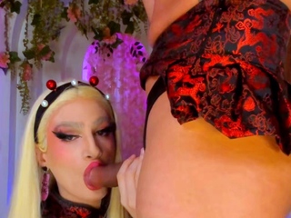 Sissy trap gives sloppy blowjob to femboy