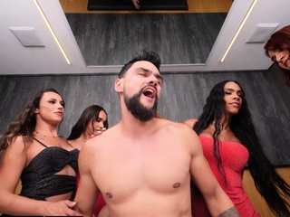 Double anal train on guy by 5 trannies