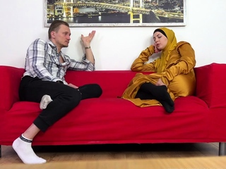 Horny yellow hijab on red sofa